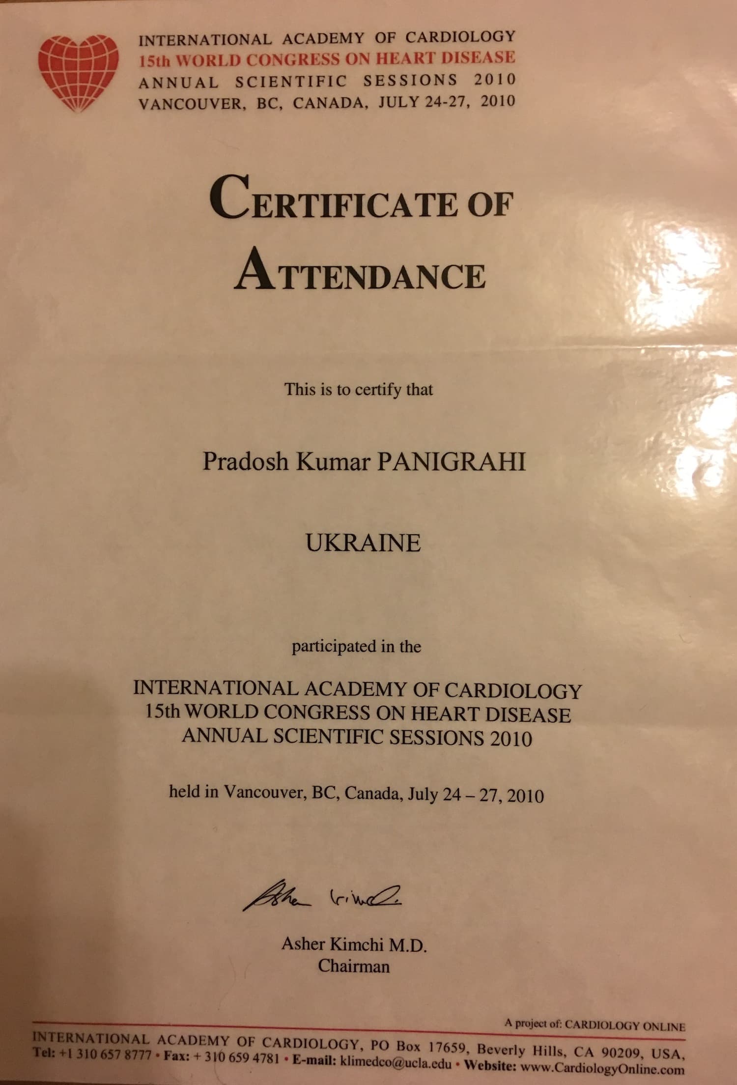 Pradosh Panigrahi Consultant Cardiologist - Certifications