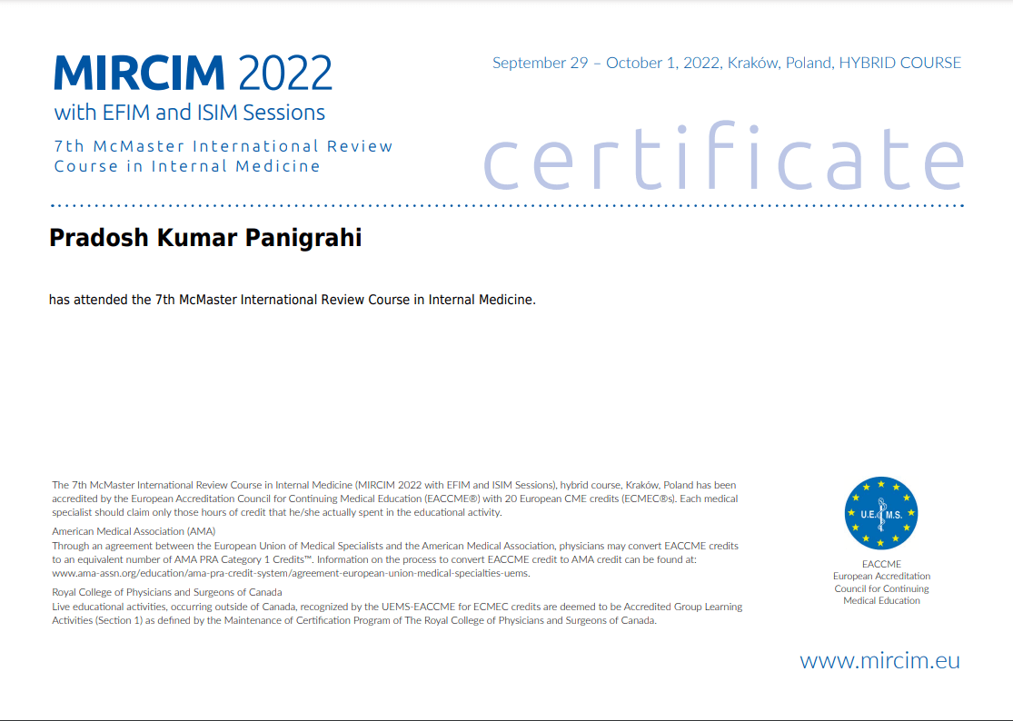 Pradosh Panigrahi Consultant Cardiologist - Certifications